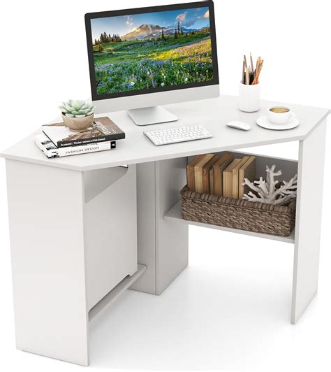 Goflame Corner Desk With Storage Shelves Triangular