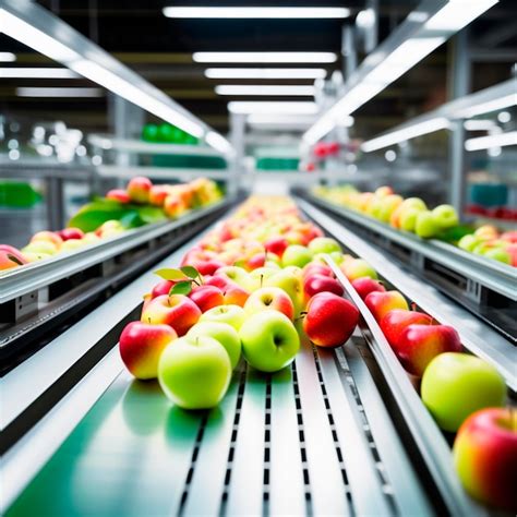 Manzanas de colores en la cinta transportadora en una fábrica moderna