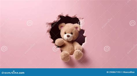 Cute Teddy Bear Peeking Out Of A Hole In Wall Torn Hole Empty Copy Space Frame Mockup