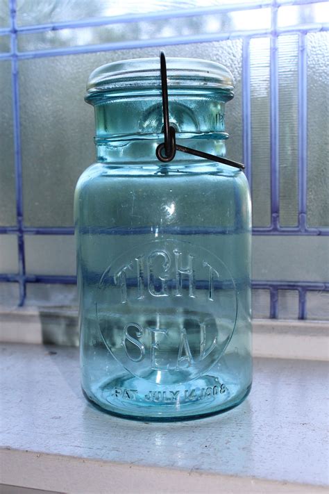 Blue Tight Seal Jar Quart Antique 1908 Glass Lid Wire Closure Jar