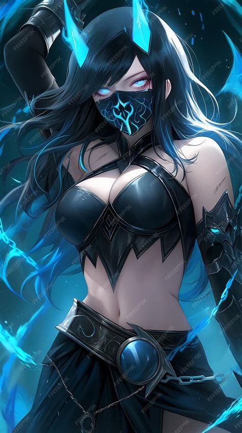 Premium Photo A Beautiful Anime Female Assassin With Blue Eyes And Horn In Black Outfit And Mask