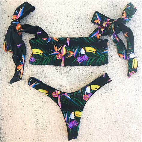 Floral Bandeau Bikini Top Tie Shoulder Swimsuit Biquini Conjunto De