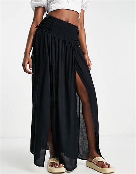 Asos Design Crinkle Shirred Waist Maxi Skirt With Ruched Sides In Black Asos