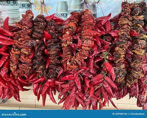 Rows Of Red Chillies Hanging On Stall In Market Tashkent Uzbekistan