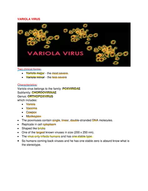 Variola Virus - VARIOLA VIRUS Two clinical forms: Variola major - the ...