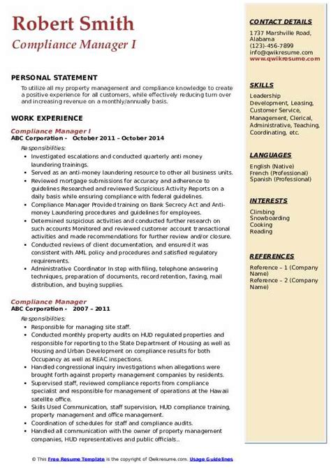 Regulatory Compliance Manager Resume Sample