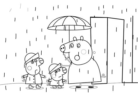 Peppa Pig Rain Coloring Pages Peppa George And Mommy Pig Rainy Season