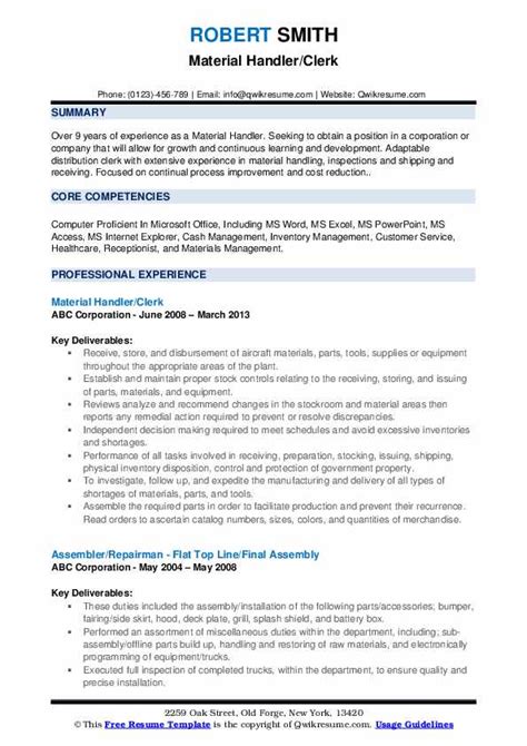 Material Handler Resume Example