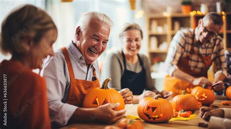 Seniors Engaging in a Pumpkin Carving Workshop, happy seniors ...