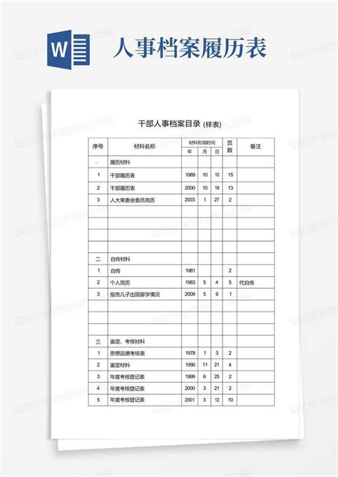 干部人事档案目录样表word模板下载编号qggrwnnn熊猫办公