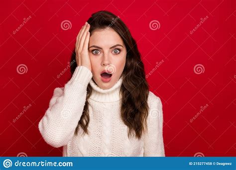 Photo Of Nice Impressed Brunette Lady Hand Head Wear White Sweater