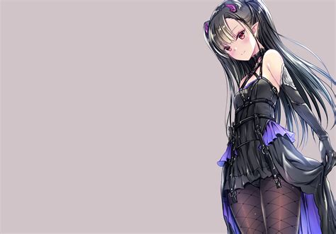 Wallpaper Black Hair Long Hair Cameltoe Demon Girl Pointed Ears Dress Elbow Gloves