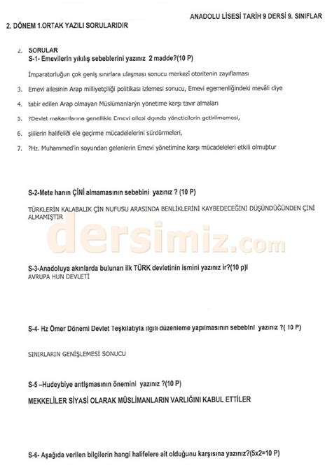 9 Sınıf tarih dersi 2 dönem 1 yazılı sınav soruları ve cevapları