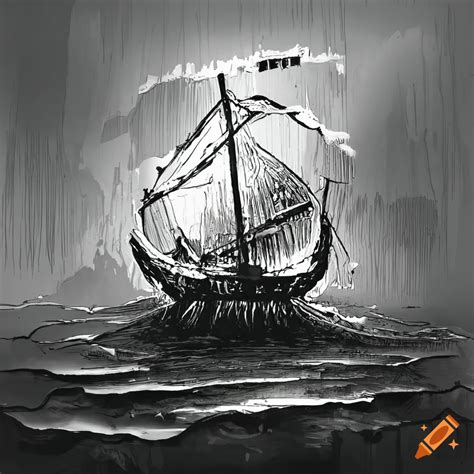 Black And White Ink Drawing Of A Viking Ship On A Desolate Island On