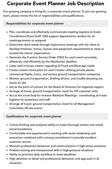 Corporate Event Planner Job Description Velvet Jobs