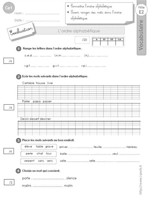 Ce Evaluation L Ordre Alphab Tique Vocabulaire