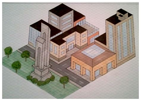 Isometric City Drawn For Architectural Classes City Drawing