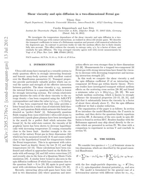 Pdf Shear Viscosity And Spin Diffusion In A Two Dimensional Fermi Gas