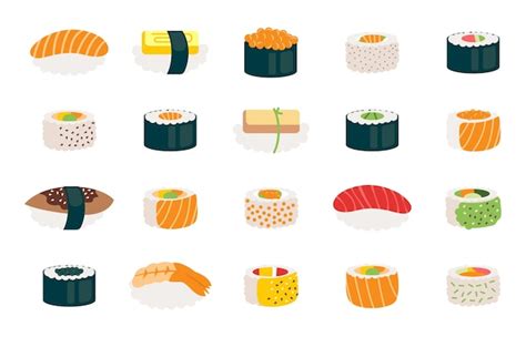 Juego de sushi y rollos de dibujos animados Ícono de comida japonesa