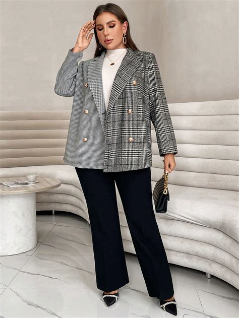 Shein Priv Talla Grande Blazer Con Estampado De Cuadros De Doble