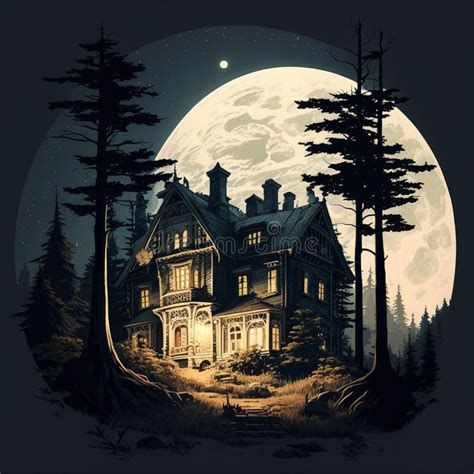 A Dark Mansion on a Dark Background, with the Moon in the Sky Stock Photo - Image of facade ...