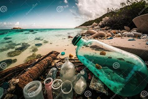 Beach Littered With Plastic Bottles And Other Waste With Clear Blue