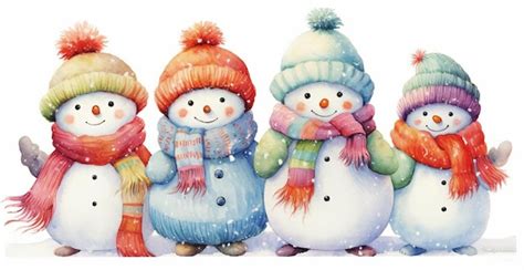 Premium AI Image There Are Four Snowmen Wearing Hats And Scarves