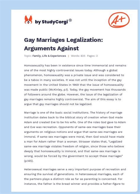 Gay Marriages Legalization Arguments Against Free Essay Example