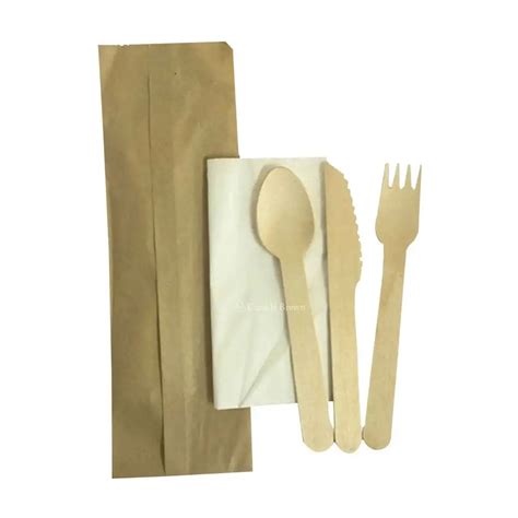 6 25 Wooden Cutlery Kit Fork Knife Spoon Napkin 100