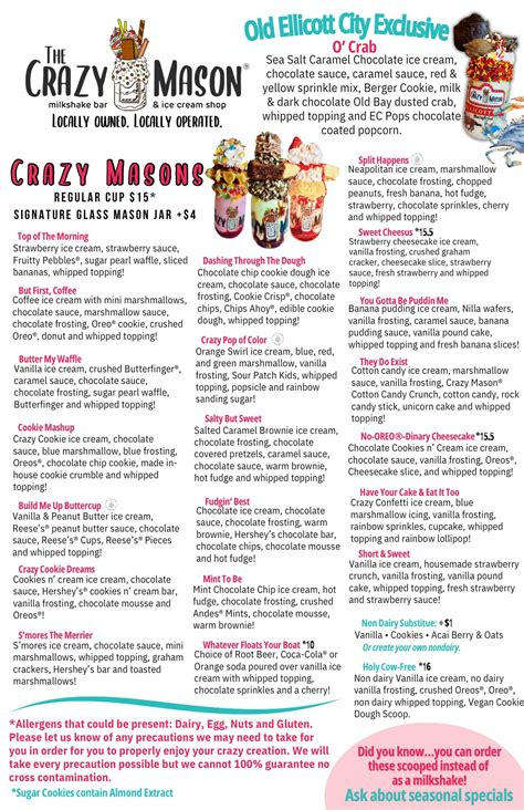 New menu... - The Crazy Mason Milkshake Bar Old Ellicott City | Facebook