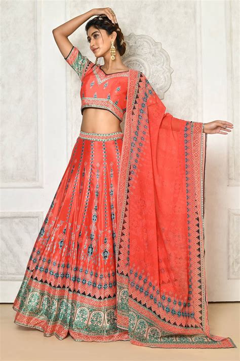 Buy Red Chinon Print Floral Mandala V Neck Lehenga Set For Women By