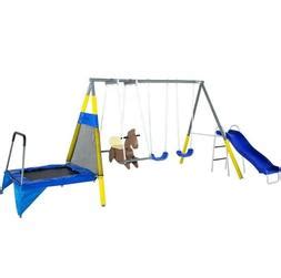 Kids Metal Swing Set w/ Trampoline Backyard Jungle