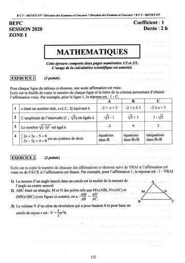 EPREUVE BEPC 2020 ZONE 1 MATHS COTE D IVOIRE