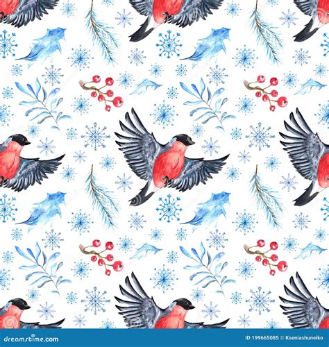 Watercolor Seamless Pattern Of Bullfinch Bird Winter Foliage And