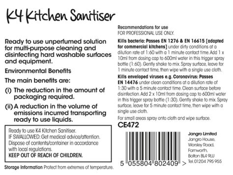 Trigger Bottle For Enviro K4 Kitchen Sanitiser Jangro Leicester Ltd