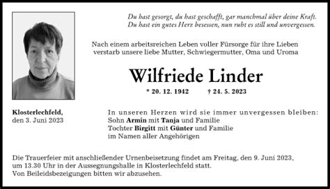 Traueranzeigen Von Wilfriede Linder Augsburger Allgemeine Zeitung