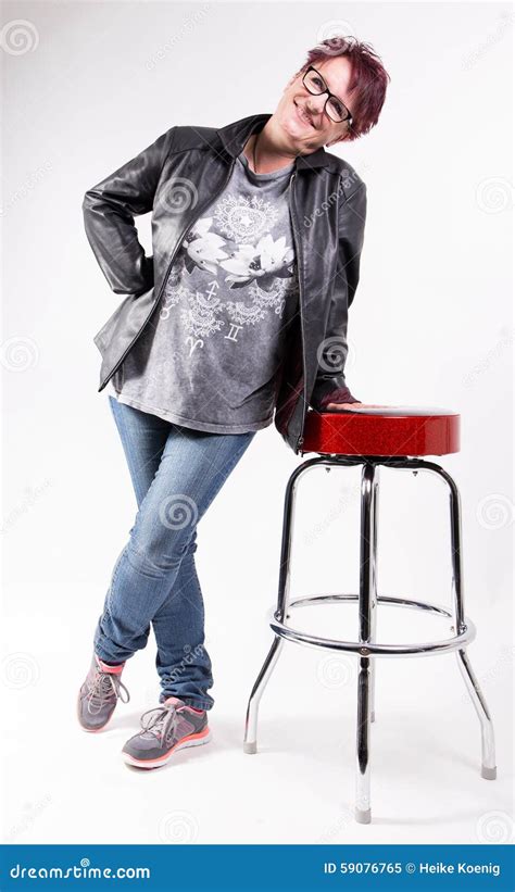 Woman Leaning On A Bar Stool Stock Image Image Of Happy Pose 59076765