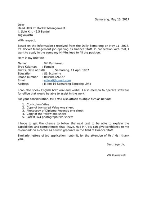 Contoh Cover Letter Dalam Bahasa Inggris Untuk Fresh Graduate Viral