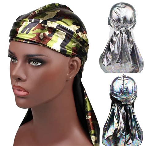 Camouflage Shinny Turban Bandanas Caps Silky Durags Hat Unisex Long