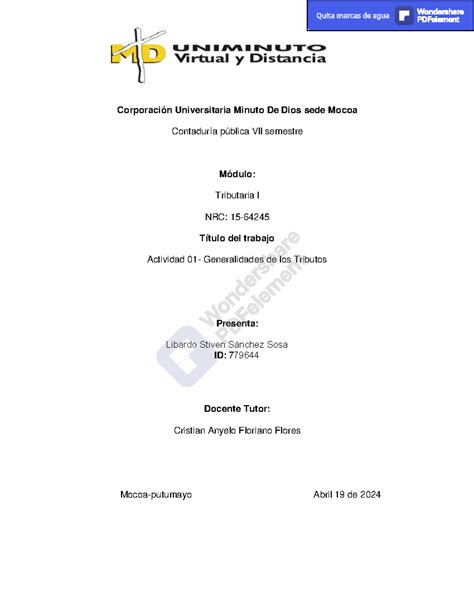 Actividad 1 Tributaria Corporación Universitaria Minuto De Dios Sede Mocoa Contaduría Pública