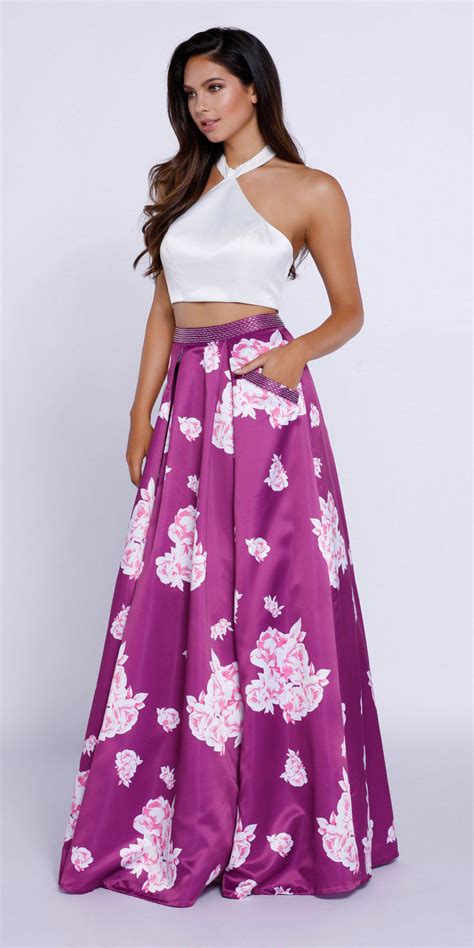 Two Piece Halter Crop Top Printed Skirt Prom Dress With Pockets