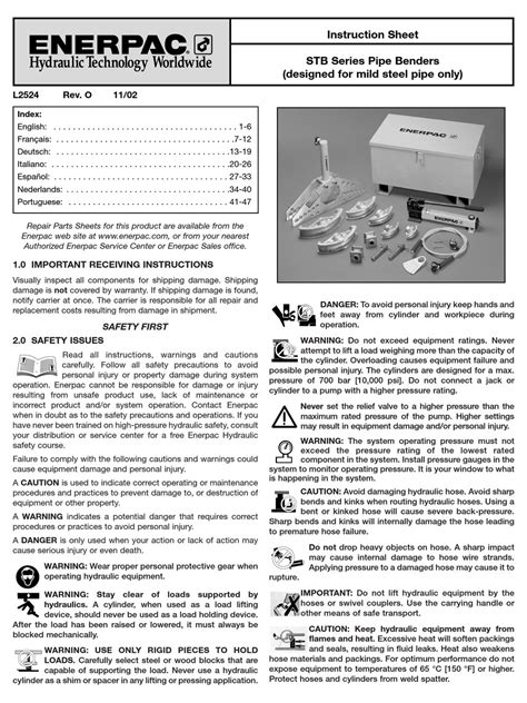 Enerpac Stb 101a Instruction Sheet Pdf Download Manualslib