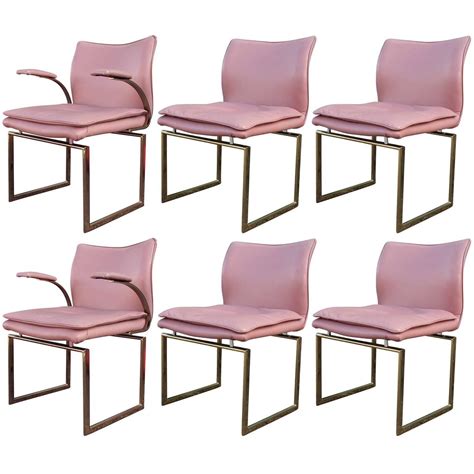 Fabulous Set Of Six Brass And Pink Leather Dining Chairs For Sale At