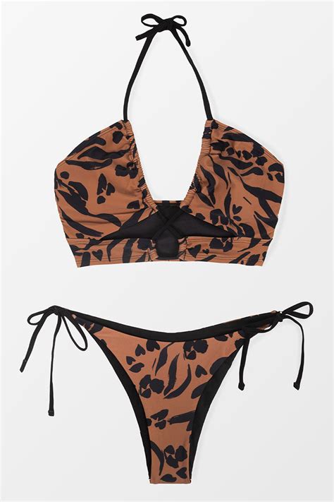 Neckholder Bikini Mit Seitlicher Schn Rung In Hellbraun Schwarz