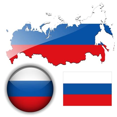 Rusia bandera rusa mapa y botón brillante Vector Premium