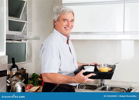 Senior Man Bringing Breakfast Tray Stock Photo Image Of Inside Smile