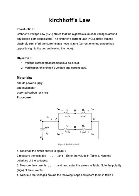 Lab 1 Kirchhoffs Law Introduction Kirchhoffs Voltage Law Kvl