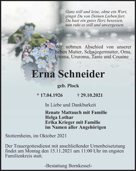 Traueranzeigen Von Erna Schneider Trauer In Thueringen De