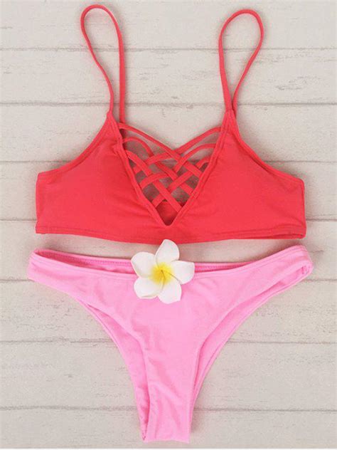 [21 Off] 2021 Lace Up Cami Bikini Set In Red And Pink Zaful