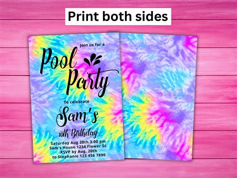 Tie Dye Pool Party Birthday Invitation Girls Tiedye Invitation Summer